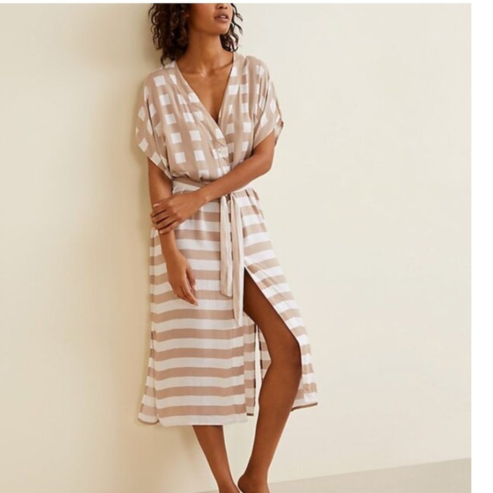 Garnet Hill Tan White Striped Checkered Swim Cover Up Midi Dress Womens Large